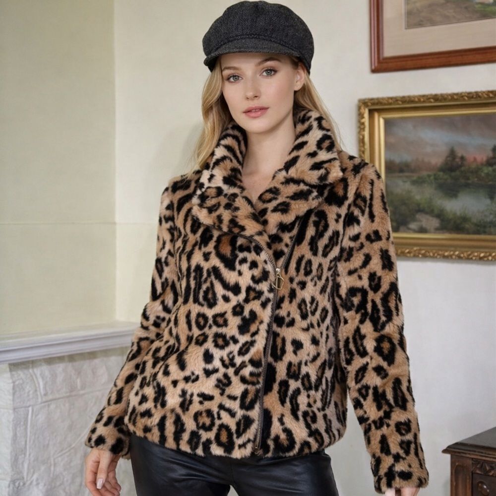 H&M Leopard Print Fluffy Faux Fur Motorcycle Style Jacket